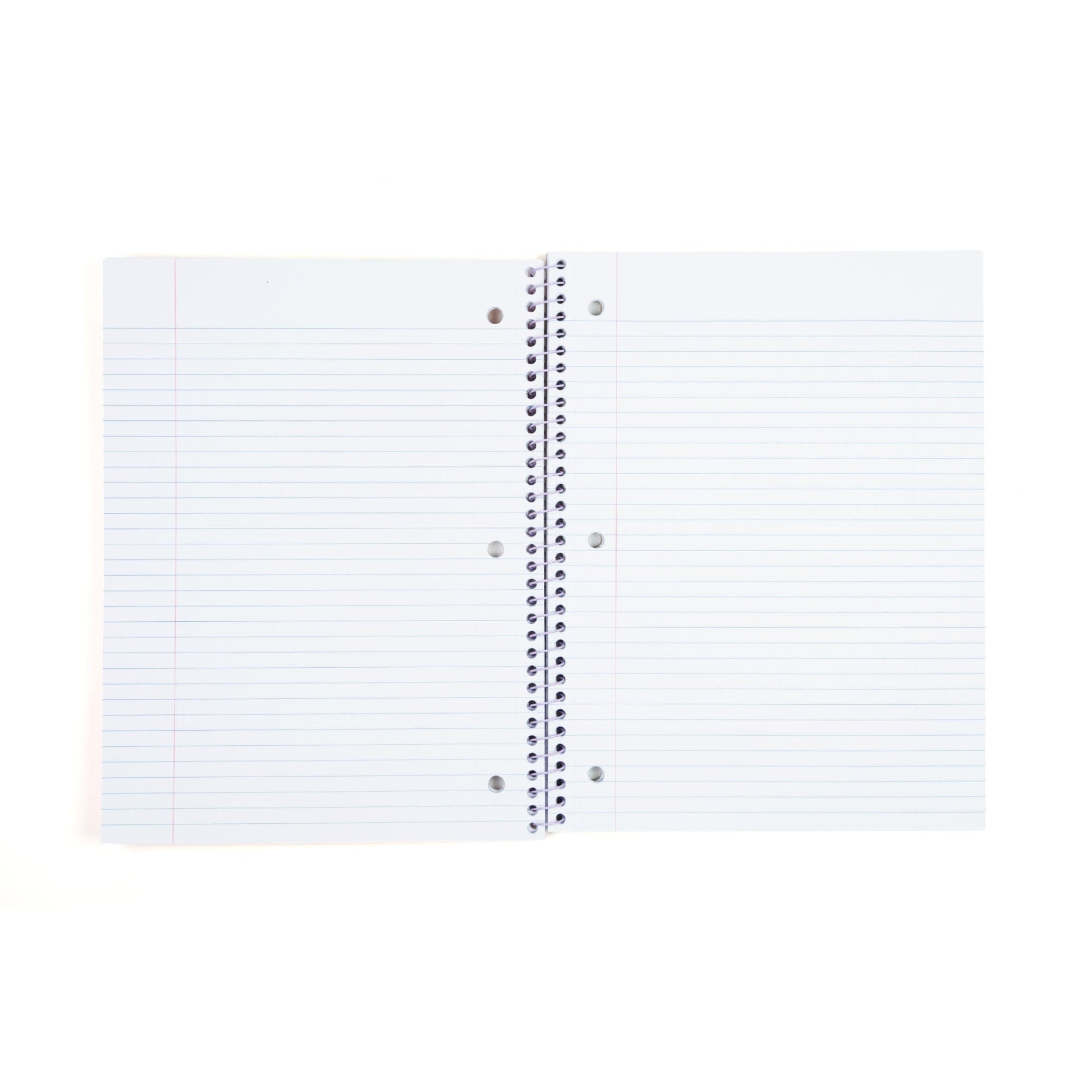 Inside of open one subject spiral notebook showing college ruled 3-ring hole punched perforated paper