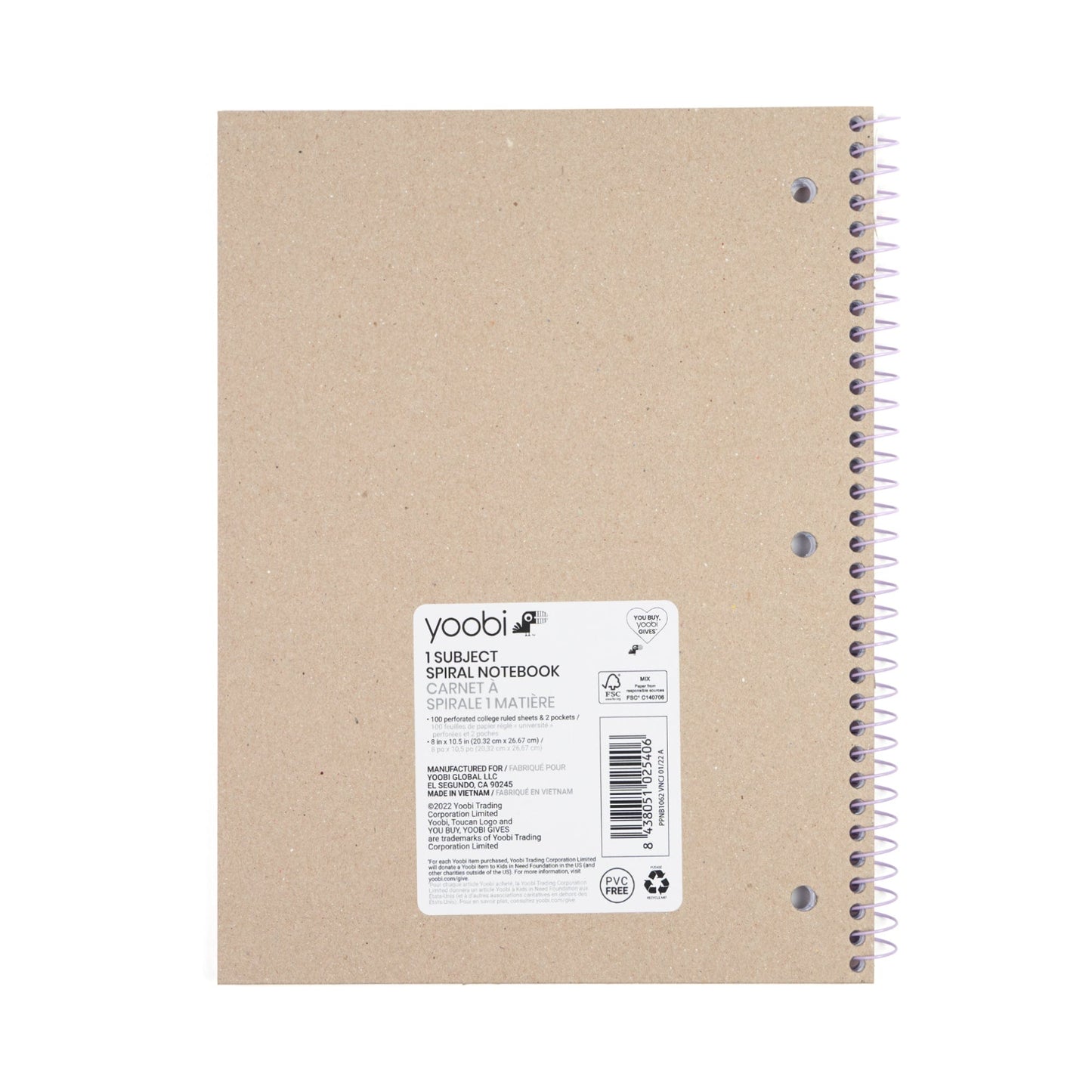 Back of one subject spiral notebook