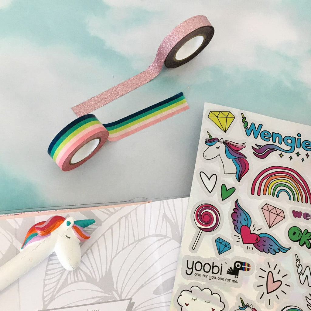 Take a look at Wengie's absolutely essential back to school supplies. This exclusive Wengie x Yoobi collaboration brings you a limited edition box filled with magical goodies. From a glitter journal, unicorn pen and pencil case to washi tape and a custom designed sticker sheet. 